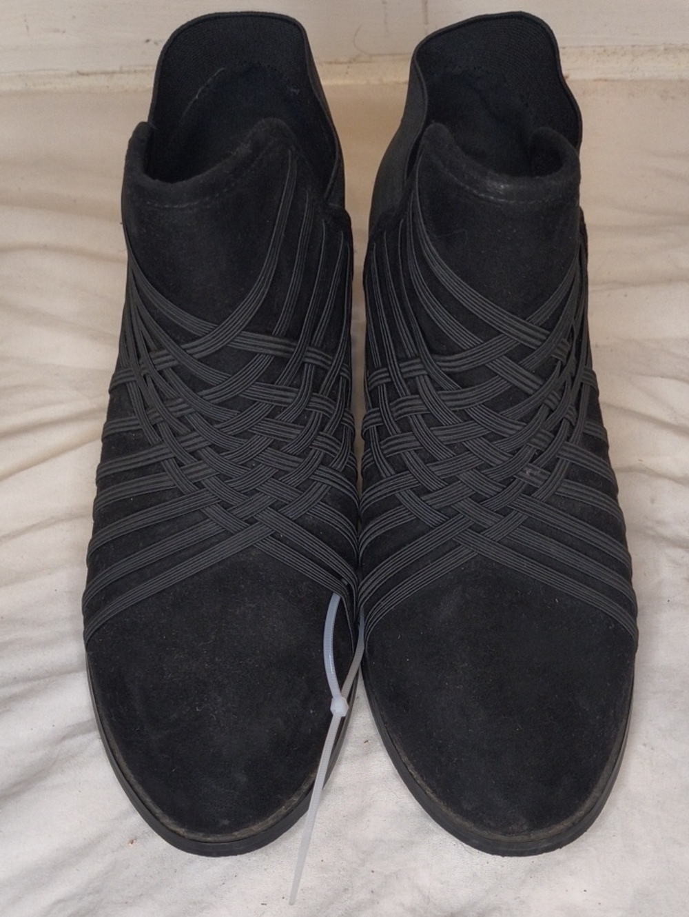 Alexis Black Suede Wedge Ankle Booties with Woven Elastic Straps Size 10 AL